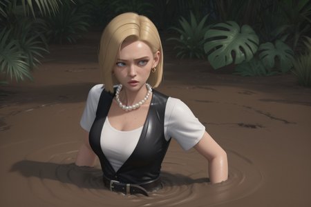 Masterpiece, best quality, shiny skin, 1girl, medium breasts, waist-deep, rainforest, clearing, tropical plants, 3d animation, cgi, from above, looking at the viewer, scared, :o,  partially submerged, sinking in quicksand, brown mud, and18, 1girl, android 18, solo, blonde hair, blue eyes, belt, jeans, pearl_necklace, bracelet, black gloves, white shirt, short hair, short sleeves, earrings, blue pants, open vest, black vest, large breasts
