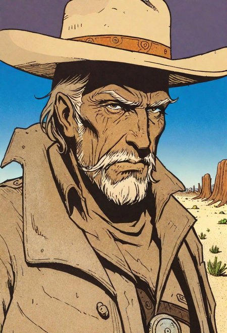 flat-color cartoon artwork in jmst artstyle, 2d, thick outline, Philippe Druillet Style, medium full shot of an old dirty cowboy, goatee, in the mojave desert