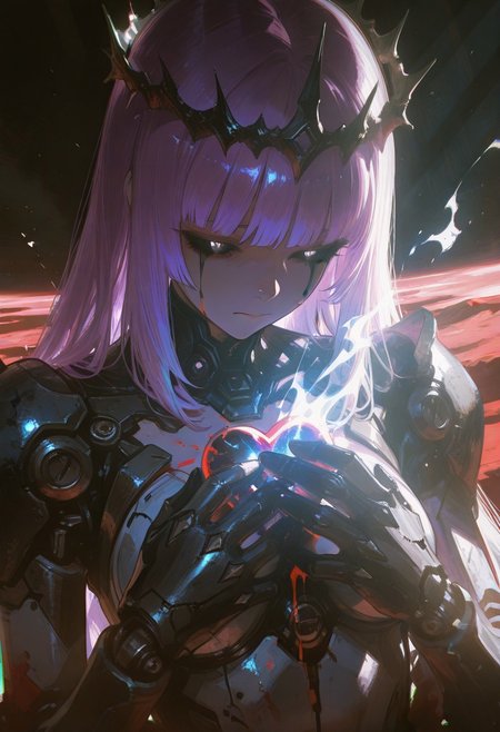 masterpiece, very aesthetic, absurdres, best quality, amazing quality, ((Mars background, on Mars, chromatic aberration, bright galaxy, raytracing)), ((Chiaroscuro Lighting Style, dramatic lighting, drastic contrast)), Classical Chinese Brush and Ink,  1space spirit girl, ((solo)), whole body made of space flame, white purple flame body, burning body, thorn crown, sad face, black tears, hime cut, magenta hair, black sclera, perfect eyes, mechanical arms, (hands inside own chest, holding own heart), blood gushing out of own chest, dynamic angles, close up, upper body