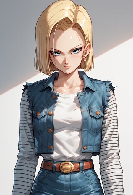 source_anime, score_9, score_8_up, score_7_up, high quality, 
android18, 1girl, solo, blonde hair, blue eyes, short hair,
outif1, stripped sleeves, denim jacket, denim skirt, pantyhose, belt, torn sleeves, long sleeves,
looking at viewer, portrait, sensual