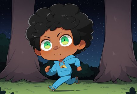 max (camp camp), cartoon theme, max (camp camp), 1boy, solo, human, male focus, curly black hair, curly tousled black hair, afro, dark skin, dark-skinned male,  large eyes, round eyes, green eyes,small nose, triangular nose, pointed nose, anoyed face, running,  blue hood, blue pants, small body, young boy, chibi, dark forest, night