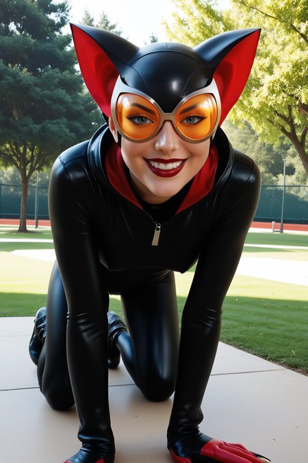 score_9, score_8_up, score_7_up, masterpiece, high quality, BREAK realistic
 <lora:Catwoman 2004PonyLoRA:0.8>ctwm2004, cat ears, black bodysuit, goggles, gloves, sharp fingernails, park, on all fours, smile