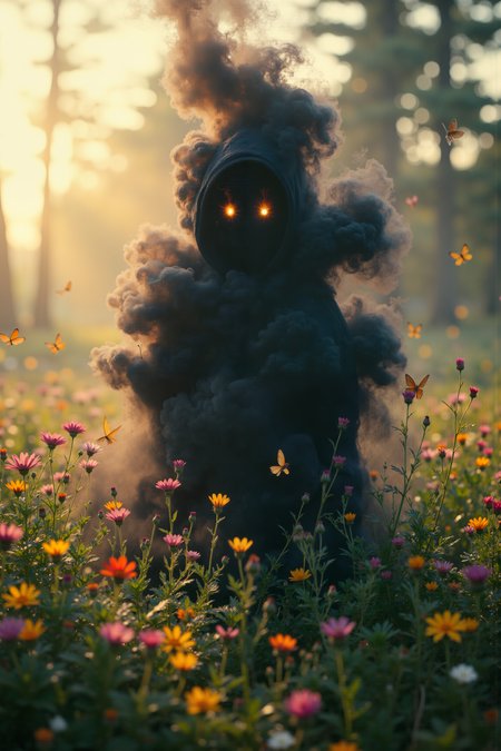 A hyper-realistic portrait, photorealistic photo close-up image of In a tranquil meadow filled with vibrant flowers and softly glowing will-oâ-wisps, a figure made of black smoke and shifting shadows stands at the edge, watching the peaceful scene unfold before him. The soft light of the setting sun bathes the meadow in golden warmth, while his form, dark and indistinct, seems to swallow the light, casting an unnatural shadow across the grass. The flowers sway gently in the breeze, their bright petals and sweet fragrance an affront to the cold, suffocating aura that surrounds him. Tiny creatures with glowing wings flit through the air, their laughter like chimes in the breeze, but they steer clear of the figure as if sensing his otherness. His hollow eyes, two burning coals in a sea of darkness, watch with a longing that will never be fulfilled, for no matter how close he gets, the warmth and beauty of the meadow will never be his to experience. The contrast between his shadowy form and the vibrant life around him is stark and painful, a reminder of the world he can see but never truly touch. He stands at the threshold, forever watching but never invited in, a dark specter in a land of light. The scene is one of unbridgeable distance, where he exists as an outcast in a place that cannot hold him.(photography, high-resolution, dynamic, energetic,hyper-realistic, dramatic lighting, shallow depth of field.), detailmaximizer, MythP0rt<lora:aidmaMJ6.1-FLUX-V0.1:0.6><lora:Movie_Portrait><lora:Flux DetailerV2>
