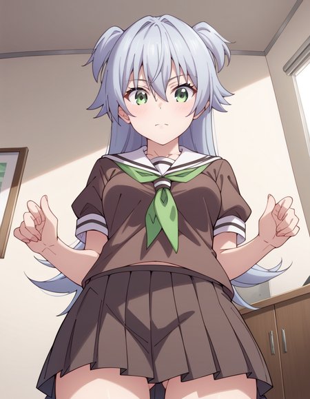 score_9, score_8_up, score_7_up, source_anime, uncensored, <lora:StS_detail_slider_v1:3>, zPDXLxxx, <lora:Sora_Tenkuji_PONYXL_VexVexX:1>, SoraTenkuji, green eyes, grey hair, long hair, bangs, hair between eyes, two side up, medium-small breasts, school uniform, skirt, brown skirt, pleated skirt, shirt, brown shirt, short sleeves, sailor collar, white sailor collar, green neckerchief, cowboy shot, bedroom, __PERSPECTIVE__, __POSES_CLOTHES_2__