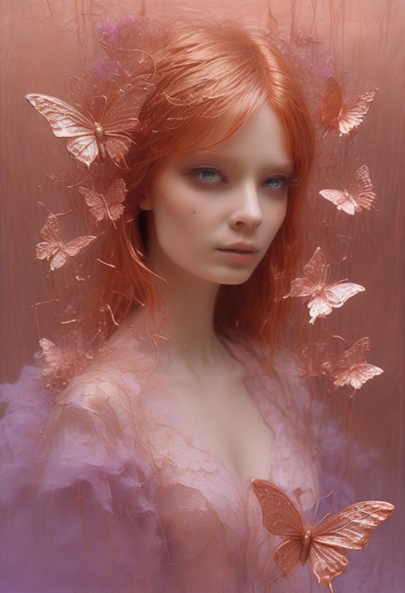 (Theme: Copper Butterflies). masterpiece, newest,absurdres,incredibly absurdres,1girl, solo, bug, copper butterfly, bangs, copper hair, looking at viewer, long hair, blunt bangs, covered mouth, purple eyes, copper theme, eyelashes, flower, pink eyes, dark_theme,abstract background, 
depth of field