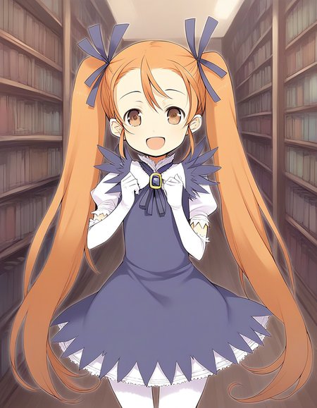 score_9, score_8_up, score_7_up, source_anime, rating_explicit, BREAK  <lora:Aliese_Martini_Ver2.0_XL:1> Aliese_Martini, 1girl, solo, twintails, long hair, brown eyes, hair ribbon, orange hair, brown hair, short stack,
elbow gloves, dress, open mouth, smile, white gloves, ribbon, pantyhose, very long hair
library, bookshelf, room,
smile,
looking at viewer, 
cowboy_Shot,