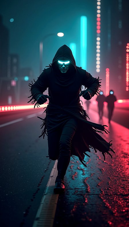 photorealistic image of a cloaked figure wearing glowing goggles, sprinting down a digital highway, trailing neon light behind, dark tattered robes flowing dynamically, pursued by digital sentries, midnight setting with high-speed action, ultra-high-definition textures, cinematic composition, cyberpunk theme, motion blur, intense light trails, thrilling atmosphere, highly detailed and accurate portrayal, photorealistic rendering.



cinematic scene, cinematic lighting, intricate detail skin and facial texture, lifelike expression, accurate character design, extremely complex dynamic pose, interesting and complex background details, intricate vegetation details, perfect hands and fingers, correct body anatomy, complex realism,


 














