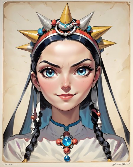 concept art, Mysterious thin Jessie from Pokemon, Making funny face, Sunny, deep focus, Printcore, masterpiece, <lora:Moroccan_Headdress_Ait_Baamrane:0.8> beautiful, traditional, headdress