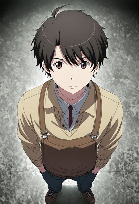high resolution, solo, best quality, 1Boy, Inaho Kaizuka, Black Hair, Brown Eyes, standing, straight facing upwards, casual, seen from above, arrogant face, dominant, intimidate, OverallDetail