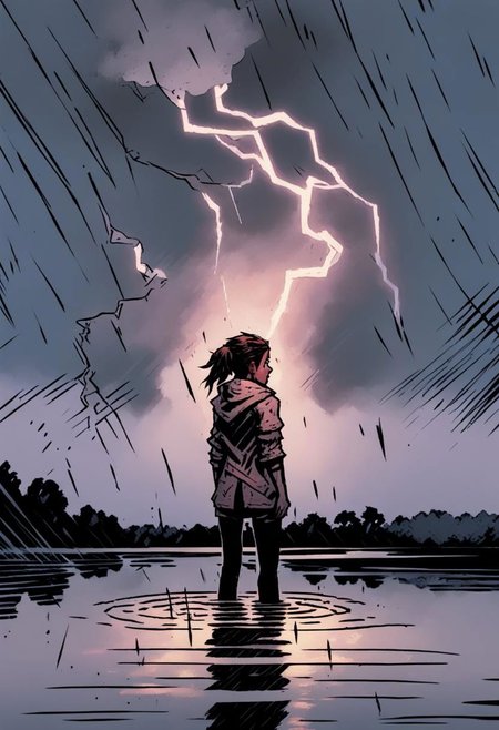 high-definition 8k comicish artwork in dgst artstyle of from behind a wet drenched, nice girl standing in a lake during a thunder storm with lightning strikes in the sky,