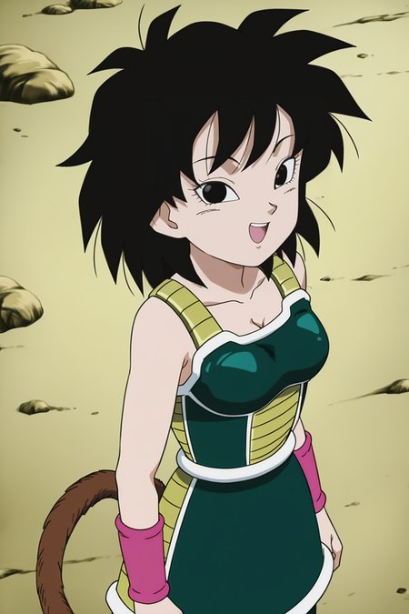 anime screencap, absurdres, high quality, official style, 
gine, 1girl, solo, breasts, looking at viewer, smile, short hair, open mouth, black hair, cleavage, bare shoulders, medium breasts, collarbone, from above, upper body, :d, teeth, green saiyan armor, black eyes, eyelashes, happy, spiked hair, pink wristband, arms at sides, monkey tail, saiyan armor, white trim, green skirt, rock
 <lora:Gine_IL:0.8>
