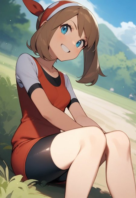 masterpiece,best quality,very aesthetic,absurdres,<lora:may_(pokemon):1>,bike_shorts, highres, commentary_request, outdoors, collarbone, grin, blue_sky, 1girl, solo, may_\(pokemon\), day, sitting, small_breasts, hair_ribbon