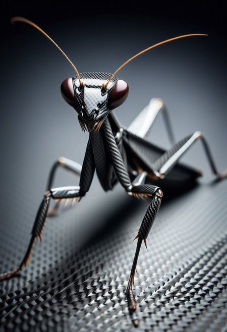 lazympos, cf_style, praying mantis made of carbon fiber, extreme close-up, macro, depth of field