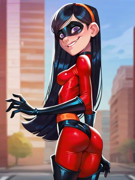 <lora:Violet Parr:0.4> vio_p, 1girl, slender body, fair skin, pink lips, bluish-purple eyes, long straight hair, black hair, supersuit, black eye mask, orange headband, red unitard,  orange belt, black gloves, black bottoms, thigh-high black boots,
 <lora:Lilandava_PDXL:0.9> lilandavastyle, 1girl, uncensored, hetero, solo focus, ass, breasts, choker, looking at viewer, smile, score_9, score_8_up, score_7_up,