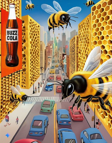 Visualise a city where all the vehicles are bees zipping around, creating a literal "buzz" of activity. Buildings have honeycomb patterns, and billboards have advertise products "Buzz Cola."
