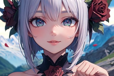 (masterpiece:1.4), 4K8K, (anime style), (high shutterspeed:1.4), (sharp edges), 
SyFyEye1, 
1woman  hands togather,  leaning foward, face focus, smile, closed mouth, 
wearing Celtic style dress, (Detailed face, Detailed eyes, Detailed lips), 
any colored roses, Alps in the background,