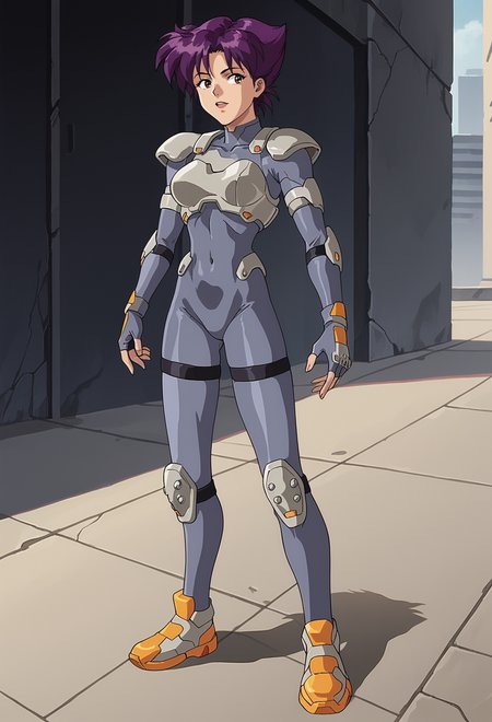 score_9, score_8_up, score_7_up, anime screencap, 2D, anime, retro, BREAK,  <lora:KonokoPony:1>, konoko, 1girl, grey body armor, dark blue bodysuit, orange boots, breastplate, covered navel, fingerless gloves, full body, grey bodysuit, knee pads, purple hair, short hair, shoulder armor, shoulder pads, solo, standing, happy, yellow footwear, science fiction, thigh strap, belt, tactical clothes, outdoor, alien, weapons, matrix, ghost in the shell,