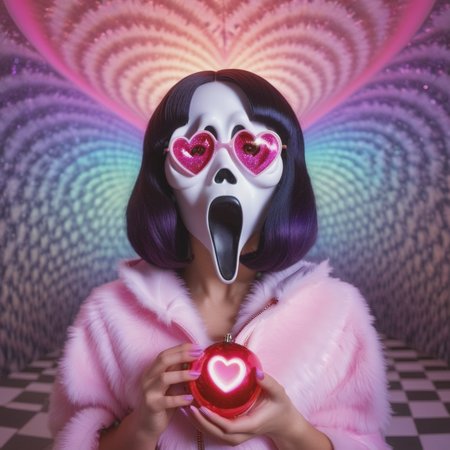 <lora:add-detail-xl:0.8> ((fullbody: 1.3)) A highly detailed real world image of an ((evil Ghostface Baller with a curvy womans body and a Zipper for a mouth :1.3)),4k HD, rhythm on display in a brightly colored space, in the style of fantastical otherworldly visions, kawaii, digitally manipulated images, ghostly presence, global illumination, shiny eyes,fractal geometric patterns with rainbow hues :1.5)) ((black and white tiles with pastel coloured rainbows hues fractals pilco predicta chalet 1959 model television background :1.5)), (fractal geometric patterns with rainbow hues :1.5)) ((black and white tiles with pastel coloured rainbows hues fractals pilco predicta chalet 1959 model television background :1.5)), ((mushroomcore :1.4)), ((2girls :1.5)) hyper realistic detail, perfect eyes, ((fullbody :1.5)), ((heart shaped glasses :1.5)), stunningly pretty, maxim, 128k, cinematic quality cinematic lighting, 1080p, sharpen, hyperrealism, lEICA SL2 50mm F 1.4 kit, mirrorless lens (( psychedelic lsd trip background :1.4)), ((bright coloured fractals :1.5)) ((Larry Carlson :1.3)), , cinematic quality, cinematic lighting, voodoo, sinister,128k, hyper realistic, pastel colour palette,((mark ryden 1.3)) --s 250 --v 6.0** - <@1100565623089668097> (fast))  <lora:Larry Carlson Style:0.8> Larry Carlson Style page <lora:Polaroid_Film:0.8> polaroid film photography, soft focus <lora:bigeyes-v2_16x8-4x1:0.2> big eyes, anime eyes   <lora:001-Ghst:0.8> Ghostface Baller