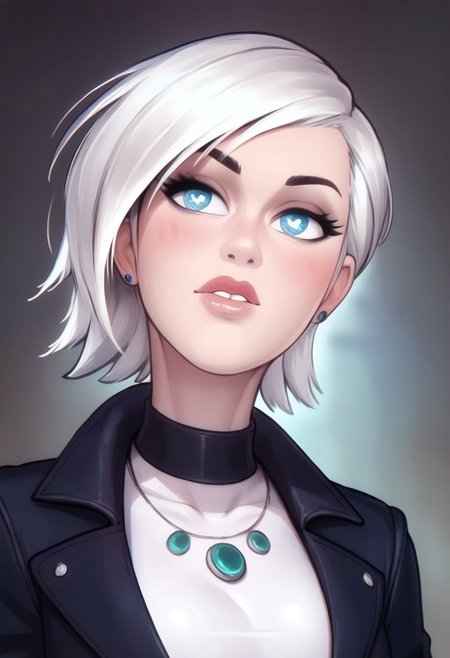 score_9, score_8_up, score_7_up, score_6_up, PRSNL_3_1, uncensored, pupils black dots, lips,
upper body, 
MKFrost, 1girl, white hair, blue eyes, short hair, bodysuit