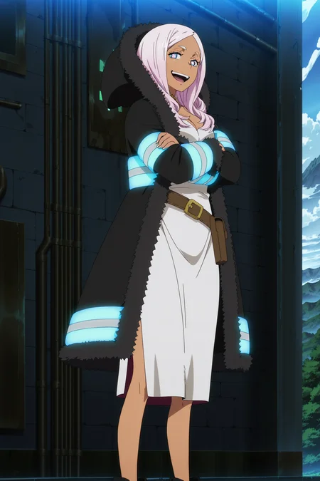 anime screencap, anime coloring, detailed face, masterpiece, best quality, very aesthetic, absurdres, official style, amazing quality, ultra detailed,  highres, amazing quality, scenery, beautiful detailed hair, beautiful detailed eyes,
<lora:StS-Illustrious-Detail-Slider-v1.0:4>
girl is 20 years old,
 <lora:Hibana_Fire_Force:1>
Fire force outfit, Hibana (character), 1girl, solo, 
dark-skinned female, long hair, pink hair, symbol-shaped pupils, blue eyes,
high heels, coatstanding, black footwear, neon trim, crossed arms, open mouth, hood, fur trim,
looking at the viewer, smile