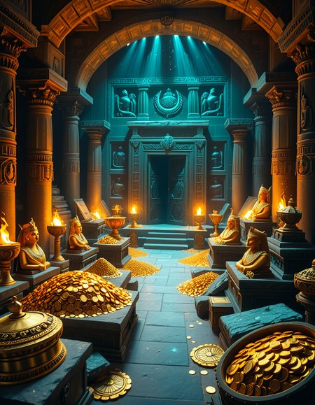 A hidden treasure chamber deep within an ancient temple, illuminated by the warm golden glow of torches and mystical blue light from enchanted crystals. The room is filled with piles of gold coins, jewel-encrusted goblets, and ancient artifacts covered in dust. Massive stone statues of forgotten deities guard the chamber, their eyes glowing faintly as if watching intruders. In the center, a grand pedestal holds a legendary artifactâan ornate golden crown encrusted with emeralds and sapphires, shimmering with an otherworldly aura. The walls are adorned with intricate carvings depicting lost civilizations, and creeping vines hint at centuries of abandonment. The atmosphere is mystical and slightly eerie, with a sense of both wonder and danger. The air is thick with the scent of aged parchment and burning incense, adding to the chamberâs ancient and mysterious feel. Cinematic lighting with dramatic shadows enhances the depth and richness of the scene, creating a visually stunning and immersive environment.
<lora:SDXLFaeTastic2400:0.4> <lora:extremely_detailed:0.4> extremely detailed, <lora:treasure_ch4mb3r:1>,treasure ch4mb3r, Masterpiece,best quality,hi res,8k,hi res,8k,award winning,(sharp focus, intricate, highly detailed),