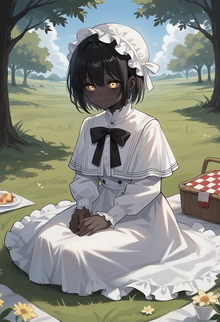 masterpiece, best quality, uncensored, source_anime, score_9, score_8_up, score_7_up, score_6_up, score_5_up, score_4_up, 1girl, solo, theprincess, dark-skinned female, very dark skin, black hair, short hair, yellow eyes, white dress, long sleeves, capelet, black bow, frilled hat, smile, outdoors, grass, picnic, tree, sitting <lora:ThePrincess:0.8>