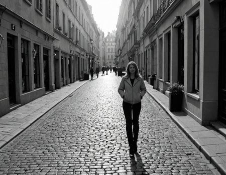 score_9, score_8_up, score_7_up, score_6_up, A realistic black and white photgraph of an older woman confidently standing in a Parisian street looking like a supermode. The image has a soft grain texture, and a dreamy grayscale bokeh effect. The glow of streetlights reflects off the cobblestone street, with subtle lens flare and organic imperfections. The scene feels timeless, evoking a nostalgic PHOTOG photograph. The image is designed for perfect desktop aesthetics, with an immersive and balanced composition in an elegant black-and-white artistic style. 
