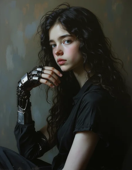 Masterpiece, high quality, Oil Painting, Porcelain young teen robot android, with robotic arms and hands, posing for a painting. Minimalist. Masterpiece, intricate lines, intriguing atmosphere, sharp magnificent details, delicate features, elaborate details, (2\3 rule composition:0.5), ultra detailed, romantic, Rembrandt lighting, brush stroke, lovely, del1cate_balance style, in the style of Rembrandt. vantablack <lora:style_of_Rembrandt_FLUX_135:.8> <lora:- Flux1 - vanta_black_V2.0:.8> <lora:Delicate_Balance:.3> <lora:neeeg_f1:-1>