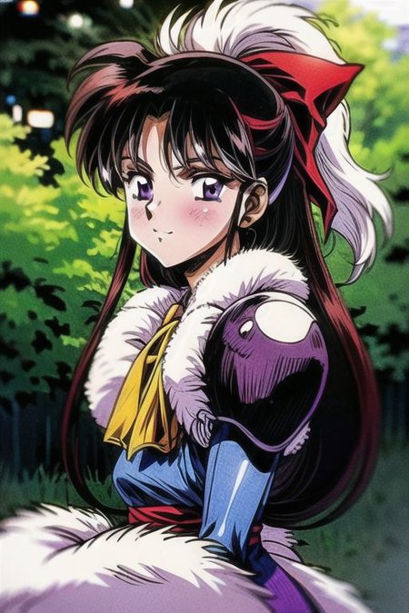 best quality 1girl Setsun4 solo long hair,  (night time) forest background black hair very long hair purple eyes multicolored hair armor, small, (fur trim) (medium body),<lora:EMS-179-EMS:0.800000>,<lora:EMS-293862-EMS:0.800000> bow, hair_bow, hair_tubes, red_bow, brown_hair, long_hair, bangs, ascot, frilled_bow, yellow_ascot, blush, smile, hair_between_eyes, athletic, armor, miko,  Smiling, happy,