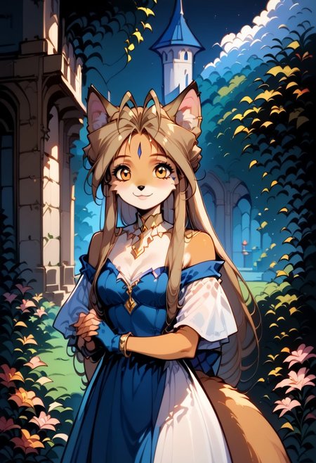 masterpiece, best quality, very detailed,score_9, score_8_up, score_7_up, source_anime, 1girl, solo, looking at viewer, Belldandy, Belldandy as a fox, long fox ears, with ear fluff, animal nose, dirty blonde hair color,long hair, fox tail, golden eyes, with cheek fluff, round face,  (hand pose, standing:1.2), looking at viewer, flirty facial expression,  dress, jewelry, earrings, bracelet, cleavage, blue dress, white dress, fingerless gloves, dethatched wings, dethatched angel wings, choker, collarbone, bare shoulders, gold choker, strapless, shawl, gold trim, wind lift, outdoors, garden, low light, dramatic lighting, night, bush, large stone castle in background contrapposto, legs apart, standing, hip focus, cowboy shot, grass, flower, pink flower, light smile, closed mouth, stain remover, hair ornament, flower, lily, solo, haplogroup D1a1a1, high quality, masterpiece, portrait, Hmong, Expressive,  retro art style, Vintage, 1990s \(style\) (female anthro: 1.2), <Anthro Fox Lora for Pony:0.6>, <lora:princess_xl_v2:0.75 > <lora:OldAnimeStyle_XL_v3:0.5> <lora:Expressive_H:1>