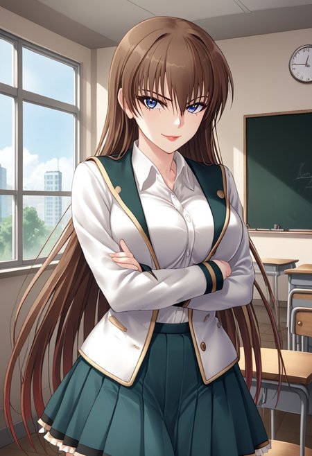 score_9,score_8_up,score_7_up,source_anime,5_figner,2d_animation,game cg,BREAK,1girl,solo,Sagare Ren,
very long hair,blue eyes,brown hair,lips,
school uniform,green skirt,white shirt,black socks,school uniform jacket,
large breasts,front view,upper body,serious.smile,looking at viewer,
school,class room,desk,chair,blackboard,window,
masterpiece,best qualit,ultra-detailed,illustration,an extremely delicate and beautiful,beautiful detailed eyes,unity 8k wallpaper,high resolution,anime CG,official_art,