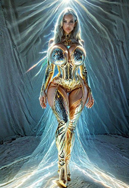 ((Bimbo)) woman perfect body abs bombshell huge butt huge breasts wide hips tanned skin 4k, ultra render, Hyperdetailed photograph, Goddess of Light, (radiating bright light), (haute couture dress made out of golden and silver iridescent reflective flowing prismatic photonic energy), she has a small divine halo made of pure light, her face is radiant like the sun, sci-fi, fantasy, supreme realism, detailed skin, macro details, cover photo, fascinating composition, sense of warmth, divine aura, sanctity, hard light, she looks like a Brazilian model, extremely beautiful eyes, DSLR, HDR10, digital photography, vibrant vivid prismatic iridescent colors, very sharp details, Canon EOS R5, ambient light, natural lighting, spot light, hero lights, award winning photography, masterpiece