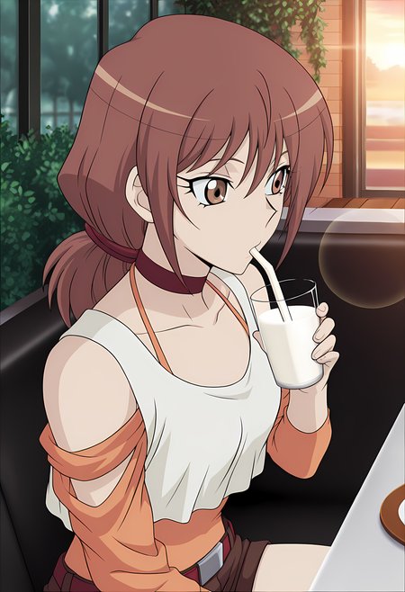 masterpiece,best quality,amazing quality,

1girl, solo, face focus,

Yuri Usui (Cardfight Vanguard), brown hair, long hair, ponytail, brown eyes,
choker, tank top, crop top over shirt, shoulder cutout, detached sleeves, bare shoulders, orange shirt, short shorts, belt, socks, boots,

cinematic, upper body, drinking milkshakes, 

Sit, sitting, glass, cafe, greenery, 

afternoon, sunset, 

Lens flare, bloom,

Official style, anime screencap, anime coloring,
















