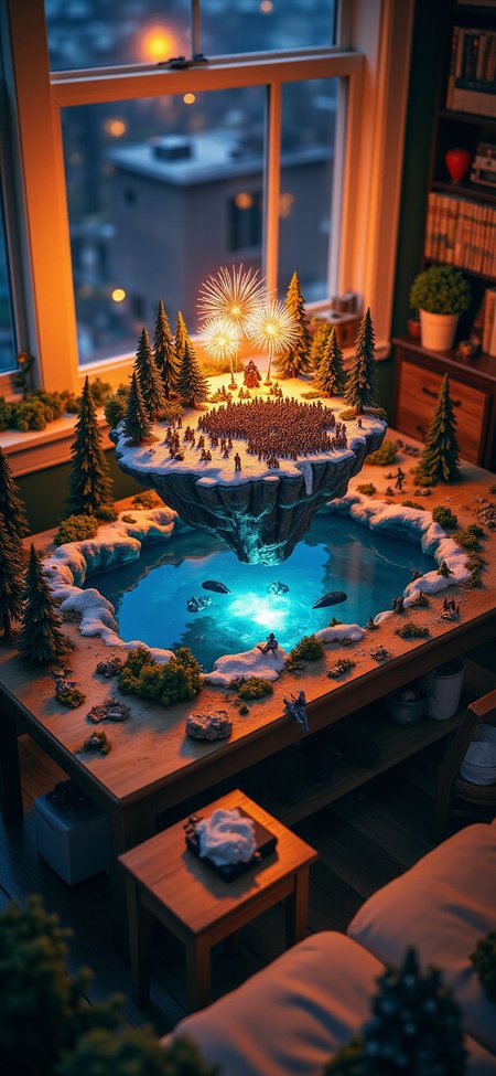 (indoor,very wide isometric view,tilt-shift lens:1.6), (windowless,fna_style,miniature,miniature,diorama,miniature,diorama,PVC,plastic:2),sunset snow,forest,led with fiber lights,fireworks,concert with crowded  at (floating island,levitating  island:1.5) on (table:2) at (attic:2.5)   <lora:Diorama_Flux:1>
<lora:Fantasy_Novel_Art_Style:1>