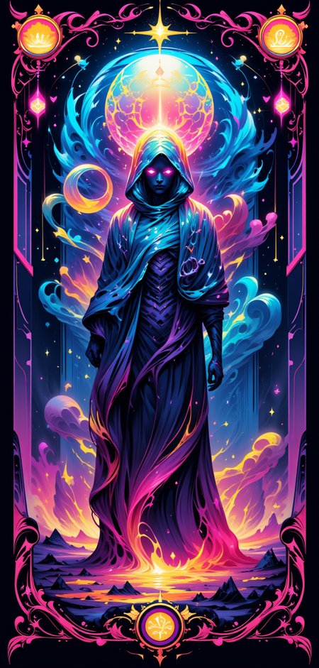 "A stylized Tarot card titled 'The Neon Oracle,' featuring a figure shrouded in a flowing cloak of glowing, digital fabric that pulses with vibrant, electric colors. The Oracle stands before a floating, holographic sphere that displays a shifting array of cosmic symbols and ancient runes. Their eyes are illuminated with a soft, otherworldly glow, reflecting the knowledge of both the digital and cosmic realms. The background is a blend of swirling, neon-infused clouds and geometric, technetic patterns, creating a sense of deep mystery and infinite wisdom. The cardâs border is intricately designed with a combination of floral motifs and futuristic circuitry, glowing softly in vibrant, ethereal tones."
<lora:abstract_render_flux:0.4>,<lora:Painted_World_Flux:0.8>,<lora:Dreamwave_FLUX:0.6>,<lora:dreamlands_flux:0.6>,