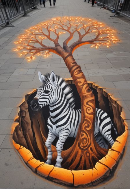 a cute fatal Zebra covered in intricate glowing aether tattoos, ancient tree of life, biege, orange, white theme, ultra sharp, intricate details <lora:3d_streetart:0.8> 3dfloor, 3d street art