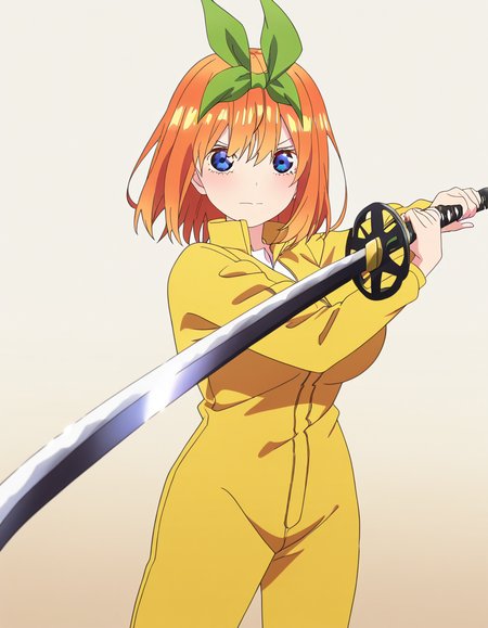 masterpiece, best quality, newest, absurdres, highres, safe,, <lora:yotsuba-nakano-s2-ponyxl-lora-nochekaiser:1>, yotsuba nakano, bangs, short hair, blue eyes, hair between eyes, hair ribbon, hairband, orange hair, green ribbon, large breasts, anime screencap, <lora:sword-guard-stance-illustriousxl-lora-nochekaiser:1>, sword guard stance, sword, weapon, solo, katana, holding, holding weapon, holding sword, looking at viewer, jumpsuit, yellow jumpsuit, high collar, cowboy shot, pants,, ,