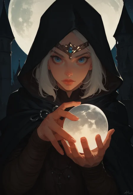 1girl, blue eyes, solo, looking at viewer, hood, white hair, cloak, freckles, moon, upper body, signature, artist name, hood up, fingernails, lips, hooded cloak, night, closed mouth, sky,  glowing, circlet, outdoors, full moon, black cloak, long sleeves, holding, castle, medium hair, cape, glowing, holding orb,, zPDXL3, detailxl,  Score_PnyReal, (lineless:1.5)