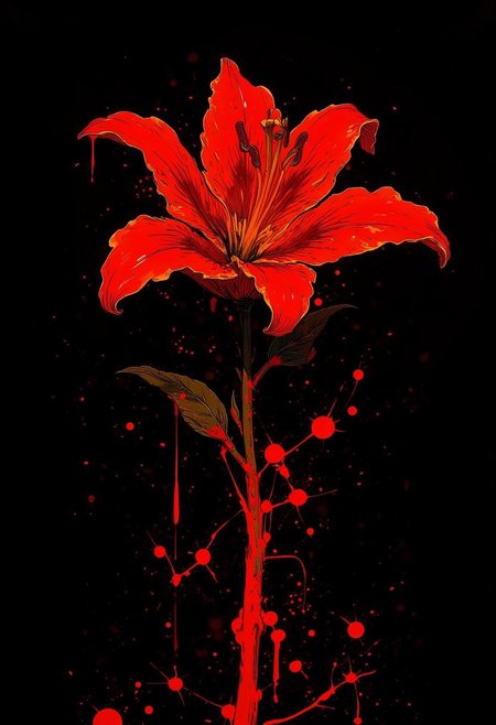 Create a photorealistic image of Japanese red lily , anime, black bacground with red lily , bleeding red splashes