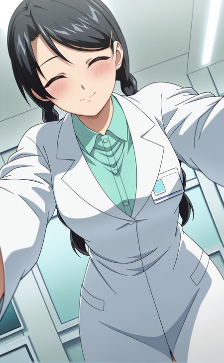 1girl,e1fnsa1t0,anime coloring,solo,twin braids,black hair,closed-eyes  ,medium breasts,hairpin,lab coat,indoors,lab,smile ,cowboy shot   ,reaching towards viewer ,dutch angle ,,blush,close-up,pov  ,looking at viewer,best quality,masterpiece,sensitive, <lora:elfenliedsaitoNoobAI:1>