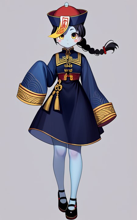 score_9,score_8_up,score_7_up,
<lora:jiangshiPony:1>,jiangshi,1girl,solo,hat,qing guanmao,black hair,blush stickers,colored skin,braid,blue skin,sleeves past wrists,dress,ofuda,full body,chinese clothes,long sleeves,black dress,frills,sleeves past fingers,black footwear,bangs,