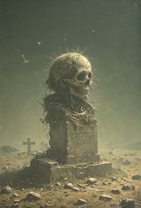 book cover title "Reusing Old Graves", detailed, 8k, <lora:cinexart:0.5>, <lora:wizards_vintage_romance:0.6>, <lora:Harrlogos_v1.1:0.8>,   <lora:tbh102-sdxl:0.4> <lora:sdxl:0.8> ascii_art <lora:- SDXL - sqrhmmr _Square-Hammer_Style_V1.0:0.4>
