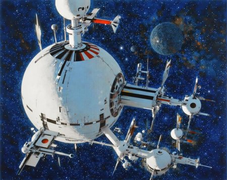 jober1 illustration.
A futuristic space station or satellite in the vast expanse of space. The space station, a complex structure, is primarily white with various appendages and modules extending from it. The main body of the station is spherical, with multiple rectangular and cylindrical modules attached to it. These modules have various colors including red, black, and blue, adding contrast to the predominantly white structure.
 <lora:jober1_cap_d6a3e12:1.0><lora:819165506192920173:0>