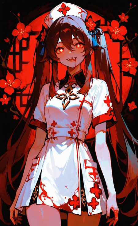 masterpiece, best quality, good quality, very aesthetic, absurdres, newest, hu_tao_\(genshin_impact\), 1girl, solo, long_hair, breasts, looking_at_viewer, smile, open_mouth, brown_hair, red_eyes, dress, hat, hair_between_eyes, very_long_hair, twintails, standing, flower, multicolored_hair, short_sleeves, sidelocks, red_hair, teeth, white_dress, symbol-shaped_pupils, gradient_hair, blood, white_headwear, glowing, fangs, red_flower, bright_pupils, tassel, red_background, glowing_eyes, white_pupils, blood_on_face, collared_dress, nurse_cap, hat_flower, blood_on_clothes, nurse, red_theme, blood_on_hands, flower-shaped_pupils, plum_blossoms <lora:ponyv5_noobE11_1_adamW-000013:0.8> <lora:EtherSDXL:0.3> <lora:748cmSDXL:0.7>