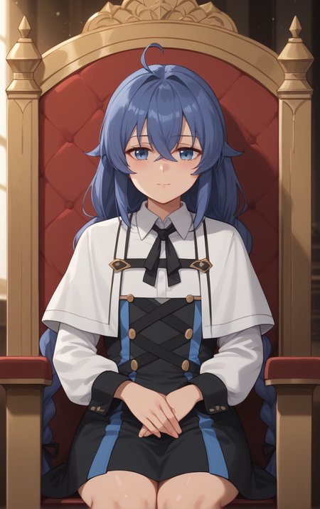 score_9, score_8_up, score_7_up, BREAK
Shirt_RoxyMigurdia_ownwaifu, 
1girl, blue eyes, blue hair, roxy migurdia, hair between eyes, braid, long hair, twin braids, crossed bangs, bangs, long sleeves, white shirt, collared shirt, dress, white capelet, white dress, capelet, shirt, black ribbon, black skirt, suspenders, long braid, neck ribbon, sidelocks,
(sitting on throne, sitting, throne), throne room, straight-on, curtains, light particles, bokeh, loaded interior, indoors, <lora:PONYXL_MushokuTensei_RoxyMigurdia_ownwaifu:0.75>, solo,