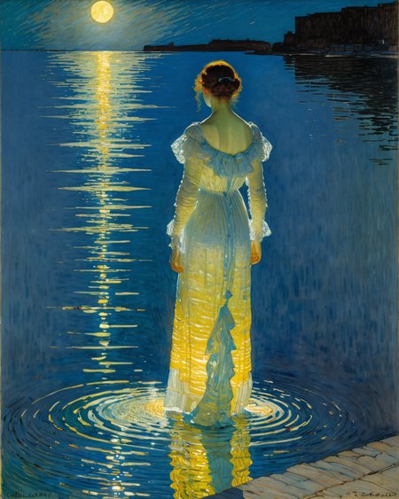 Princess, Childe Hassam, Moonbeam, water, reflections, transparency, figurative, vivid color, tenebrism, <lora:add-detail-xl:1>, <lora:xl_more_art-full_v1:0.8>