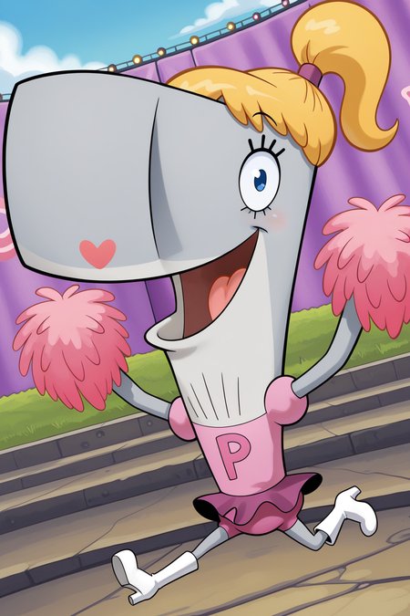 masterpiece, best quality, amazing quality, absurdres, solo, pearlkrabs, grey skin, smile, open mouth, pom pom \(cheerleading\), jumping, looking at viewer, dutch angle, blonde hair, ponytail, pink dress, purple skirt, white heels, outdoors, stage