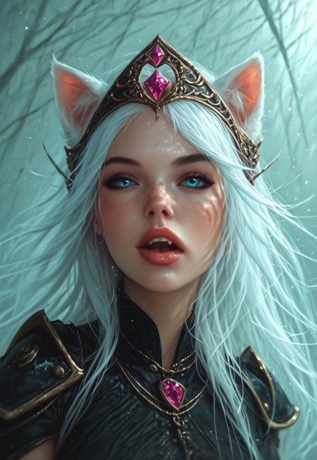 score_9, score_8_up, score_7_up, score_6_up, score_5_up, score_4_up, realistic, photo, dynamic angle, dramatic shadows, raw lighting, BREAK, 1girl, (cute)1.2, innocent and alluring, SyndraNormal, 1woman, solo, witch_outfit, crown, outdoor, dark_sphere, Style-Winter, detailed face, <lora:paw-pose-ponyxl-lora-nochekaiser:1>, paw pose, cat ears, cat tail, animal ears, tail, cat girl, open mouth, fang