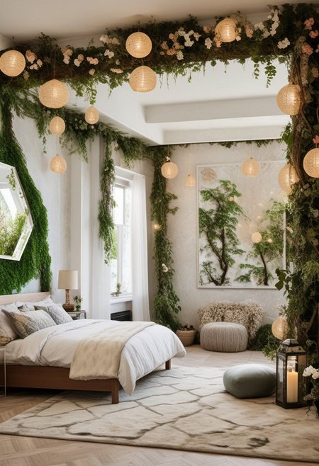 Light mood masterpiece photography, realistic, realistic photograph, inside bedroom, gaudy, maximalism, in bedroom, soft rug, floral rug, mirror with leaf frame, vines on wall, vine decor, vanity, beanbags, lanterns, beaded curtains, frog decor, brick wall, lanterns, frog statues, hex code #48e4a0, hex code #765341, hex code #de5d83, hex code #025043