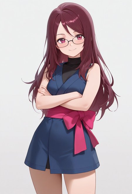 best quality, masterpiece, amazing quality, very aesthetic, absurdres, 
1girl, solo, 
trainerrissy, 
yukata, dark blue sleeveless dress, black turtleneck, short skirt, layered clothing, pink obi sash, 
crossed arms, looking at viewer, smile, 
simple background